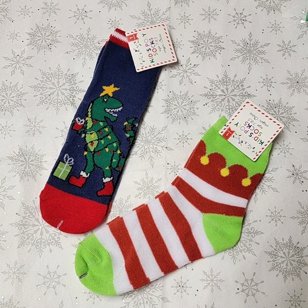 Christmas Kid's Poly Socks Festive Holiday Dinosaur T-rex and Christmas Elf Xmas